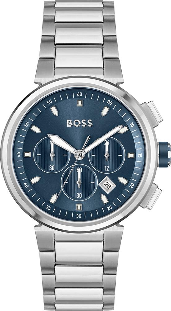 Hugo Boss men's chronograph watch featuring a silver stainless steel link bracelet, a silver case, and a dark blue dial with three subdials and a date window.