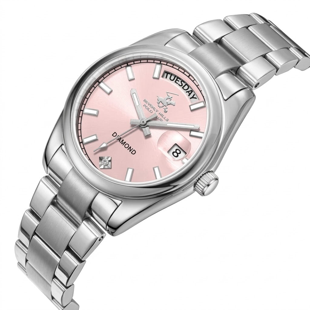 Beverly Hills Polo Club Pink Dial Day-Date Silver Diamond Watch BP3709X.381