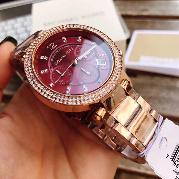 Michael Kors Parker Chronograph Red Dial Rose Gold Ladies Watch MK6106