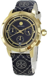 Tory Burch Chronograph The Tory Navy Fabric & Ivory Leather Strap Women's Watch TBW1038 - Image 4