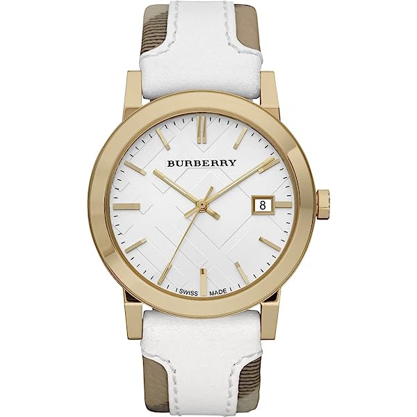 Burberry BU9015 Women's Swiss Heymarket Check Fabric and White Leather Band White Dial Women's Watch  BU9015 - Big Daddy Watches