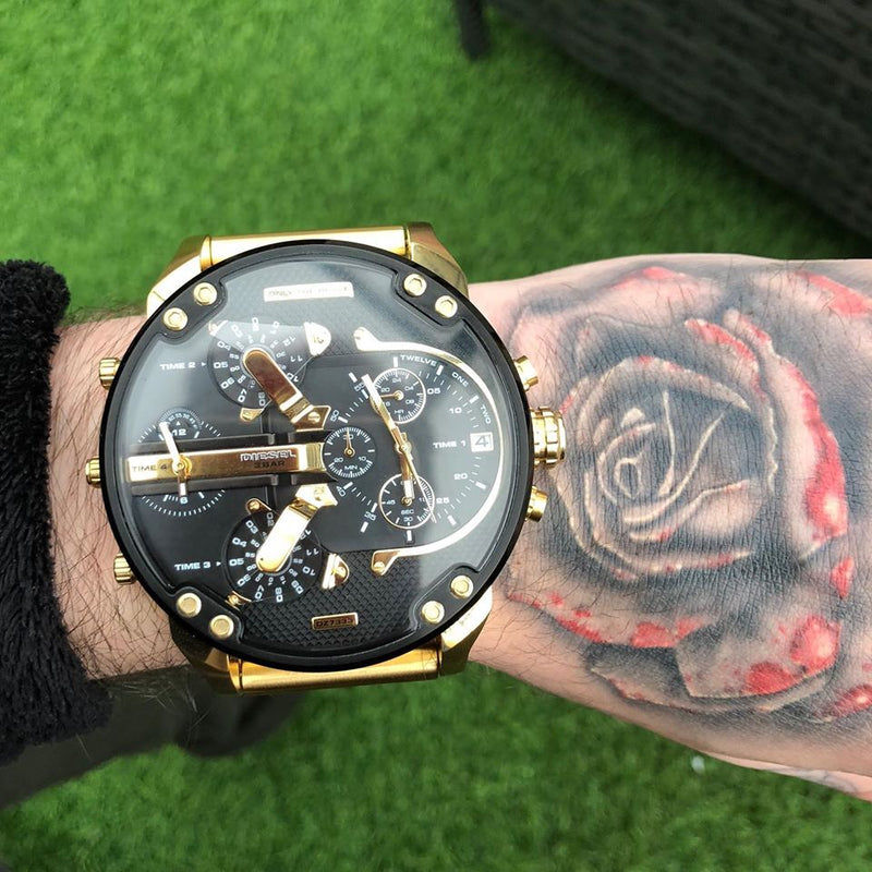 Diesel Big Daddy DZ7333 Gold Stainless Steel 4 Time Zones 30m Water Resistant