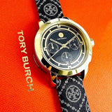 Tory Burch Chronograph The Tory Navy Fabric & Ivory Leather Strap Women's Watch TBW1038 - Image 5