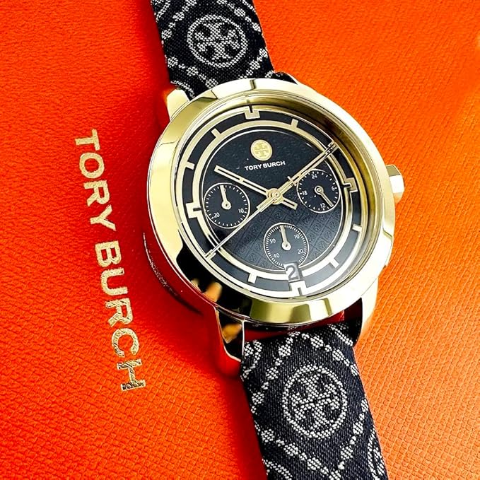 Tory Burch Chronograph The Tory Navy Fabric & Ivory Leather Strap Women's Watch TBW1038 - Image 5