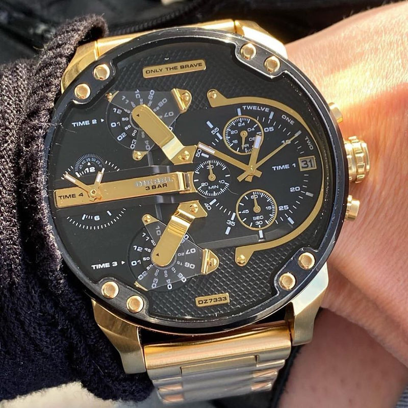 Diesel Big Daddy DZ7333 Gold Stainless Steel 4 Time Zones 30m Water Resistant