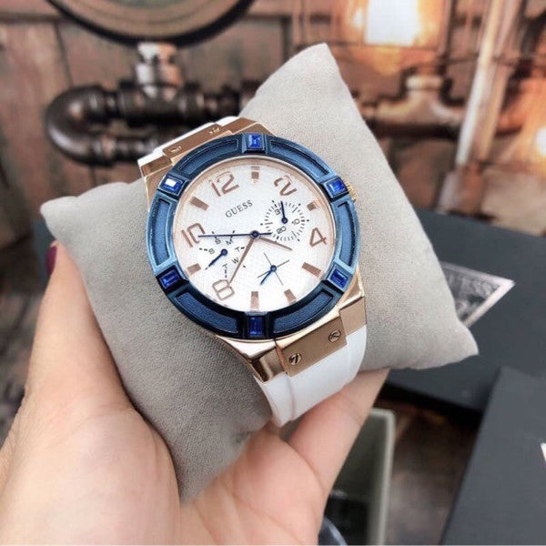 Guess Jet Setter White Dial Silicone Strap Ladies Watch W0564L1 Big Daddy Watches