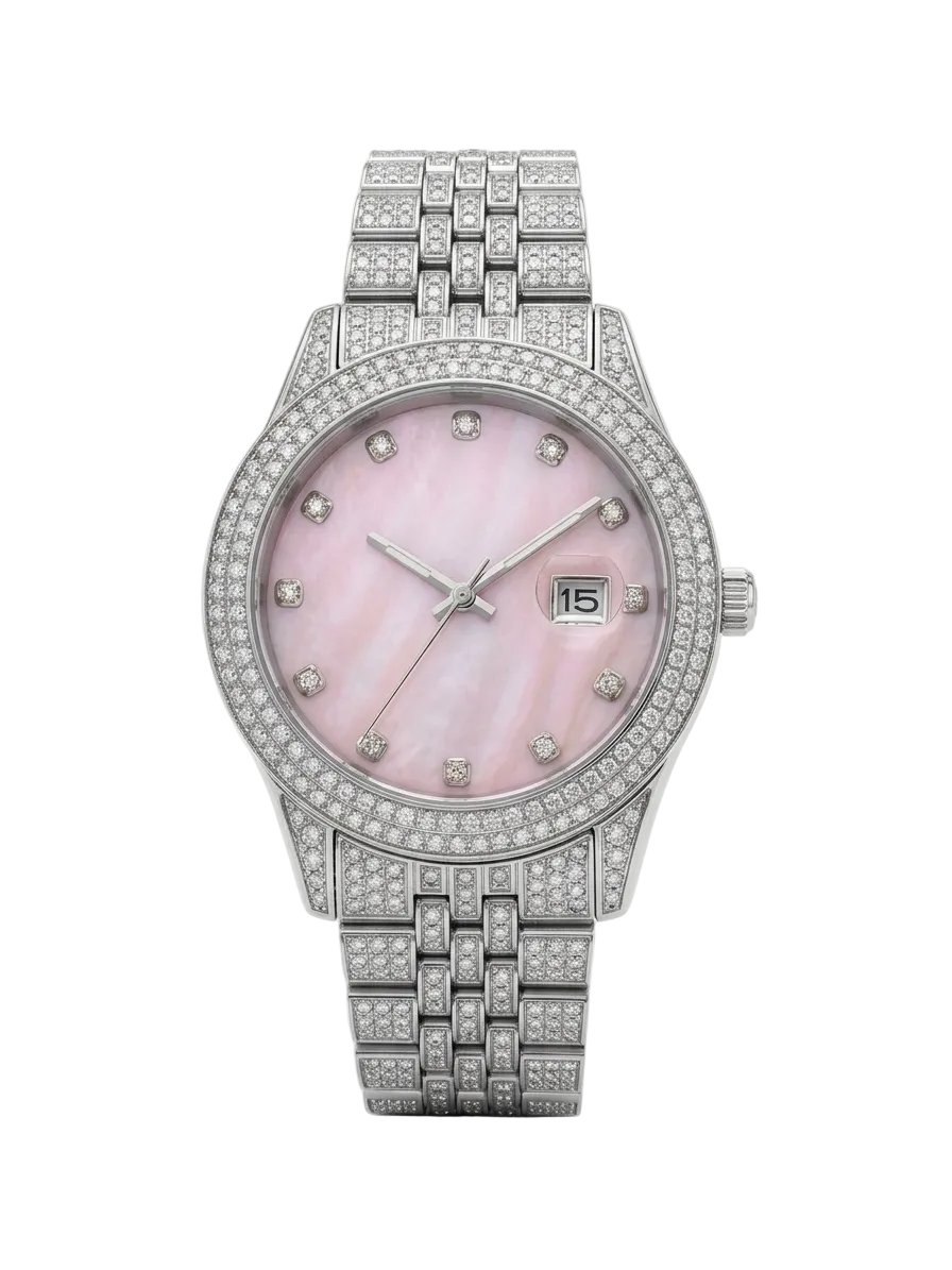Big Daddy Bling Pink Diamond Dial Silver Date watch