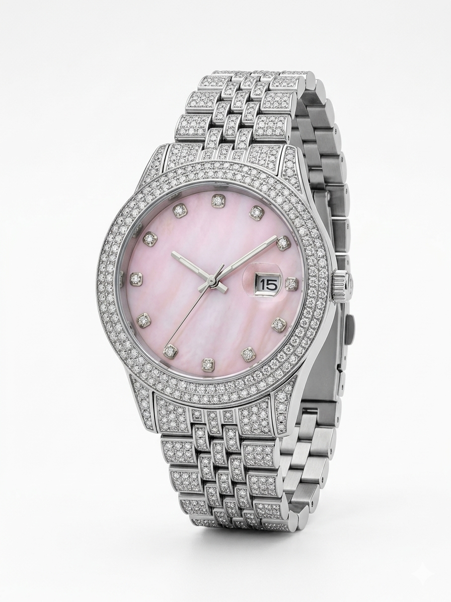 Big Daddy Bling Pink Diamond Dial Silver Date watch