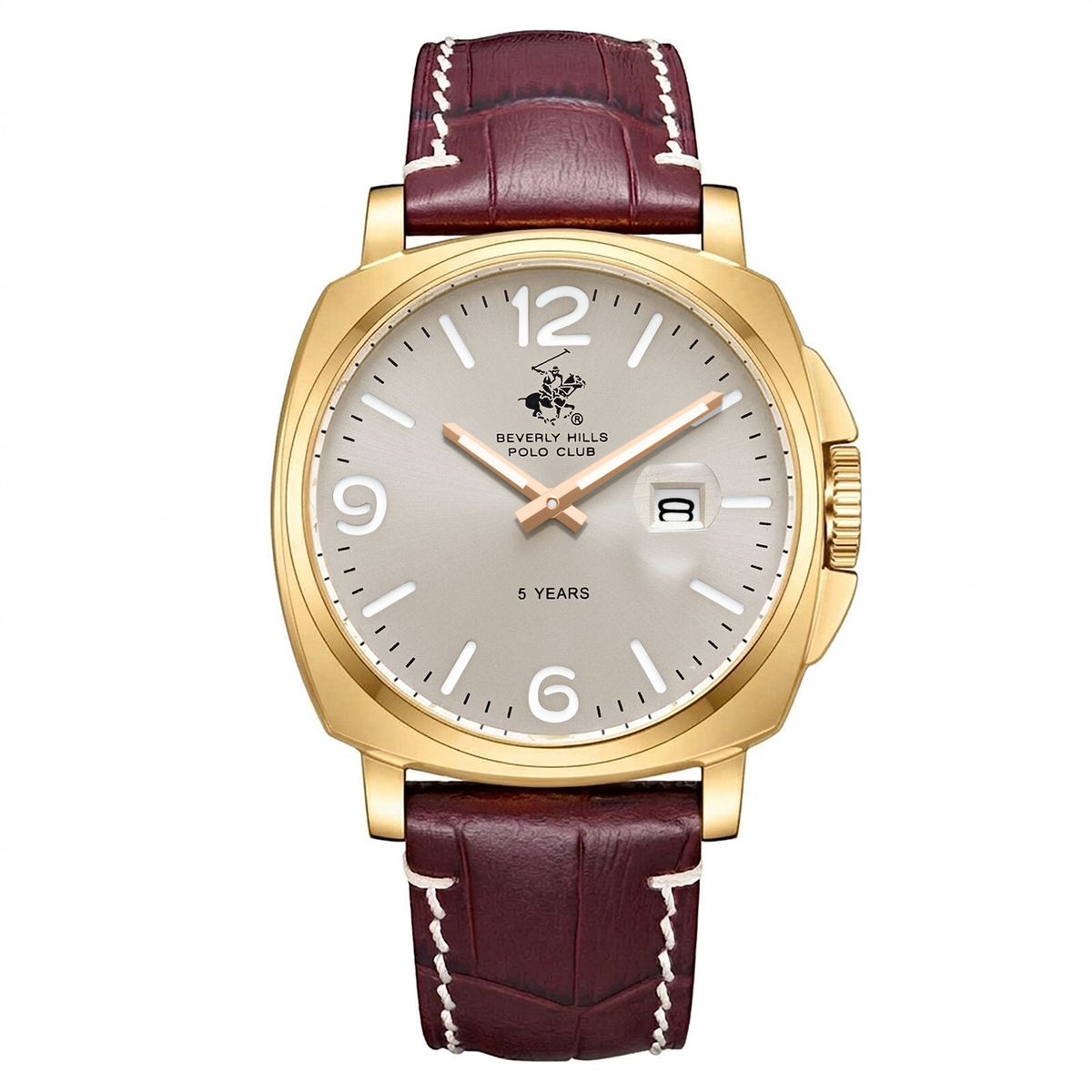 A wristwatch with a gold-tone case, a light beige dial featuring the Beverly Hills Polo Club logo, and a dark burgundy leather strap with white contrast stitching, shown against a plain white background.