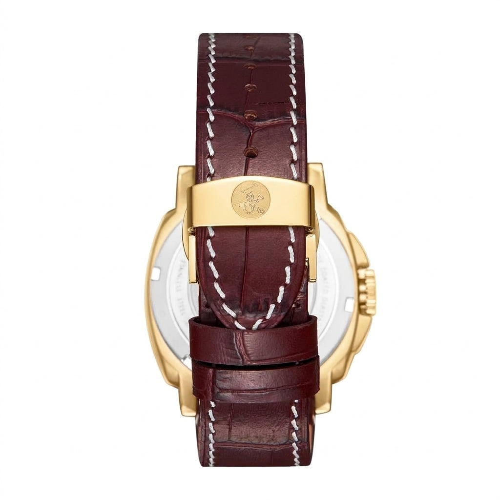 A close-up rear view of a watch with a dark burgundy leather strap, white stitching, and a gold-tone case clasp featuring a crest logo, set against a plain white background.