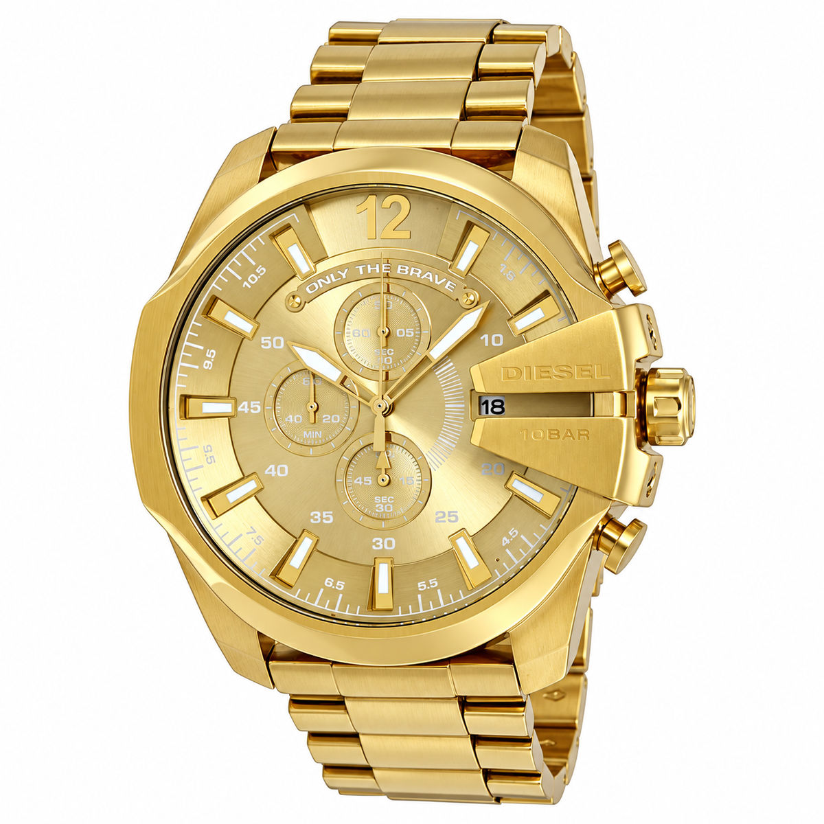 Gold-tone Diesel x Uboras collaboration watch featuring a multi-dial design, a large octagonal case, and a matching metal link bracelet on a white background.