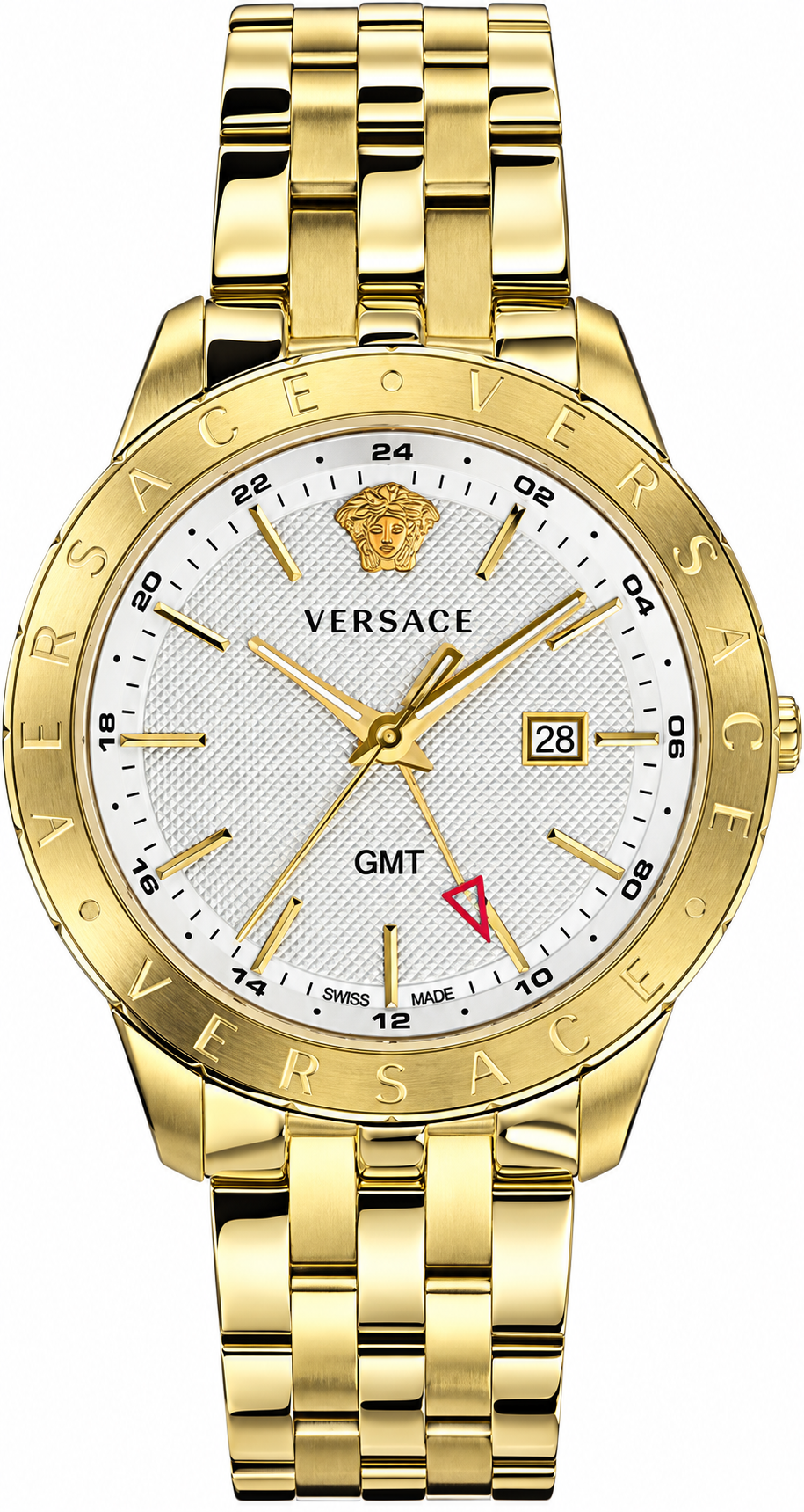 A gold-tone Versace watch with a white dial, featuring the brand's Medusa logo, a date window, and a matching gold-tone link bracelet.