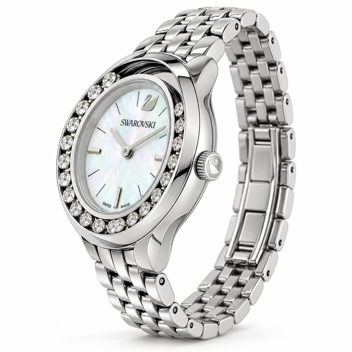 Swarovski women's watch featuring a silver stainless steel link bracelet, a bezel set with clear crystals, and a white mother-of-pearl dial with iconic crystal-diamond hour markers.