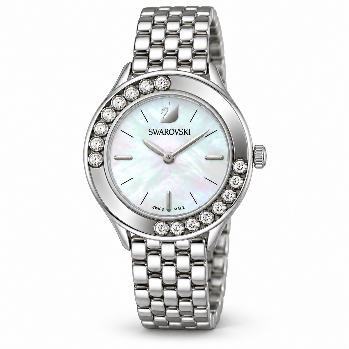 Swarovski women's watch with a silver-tone metal link bracelet, a white mother-of-pearl dial, and a bezel accented with clear crystals, shown on a white background.