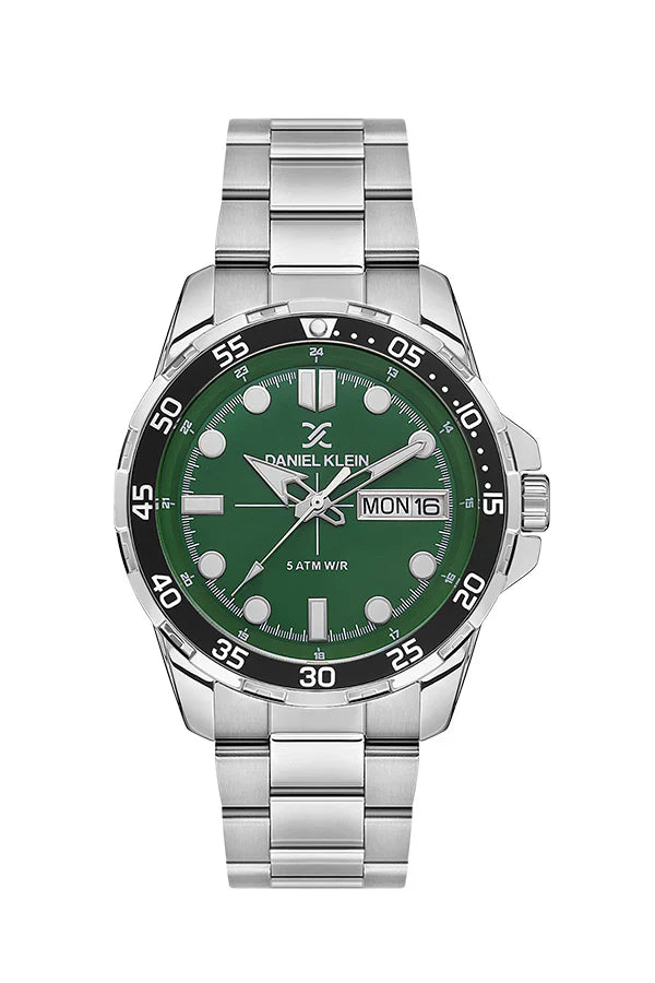 Daniel Klein Premium Day Date Window Green Dial Silver Watch - DK.1.13884-2