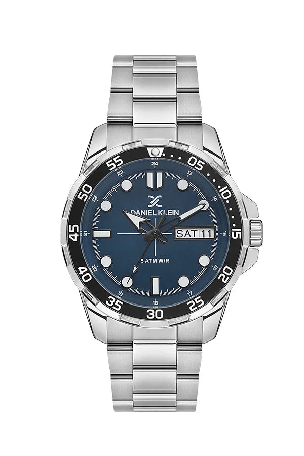 Daniel Klein Premium Day Date Window Blue Dial Silver Watch - DK.1.13884-5