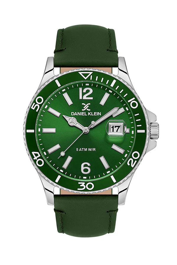 Daniel Klein Premium Date Window Green Dial and Genuine Leather Strap Silver Watch - DK.1.13905-3
