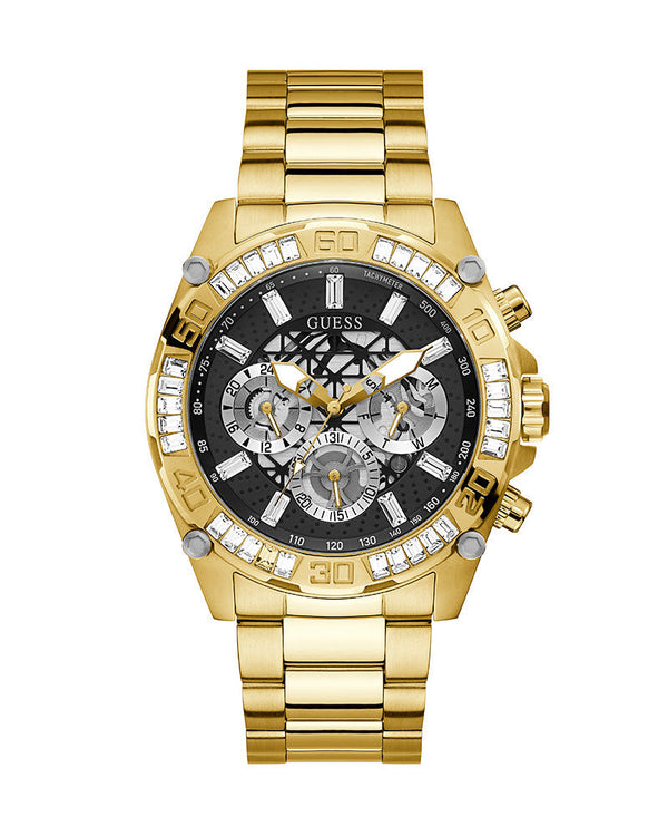 Guess Men's Watch Gold Case with Crystals Black Multi-Function Dial Gold Steel Bracelet Men's Watch  GW0390G2 - Big Daddy Watches