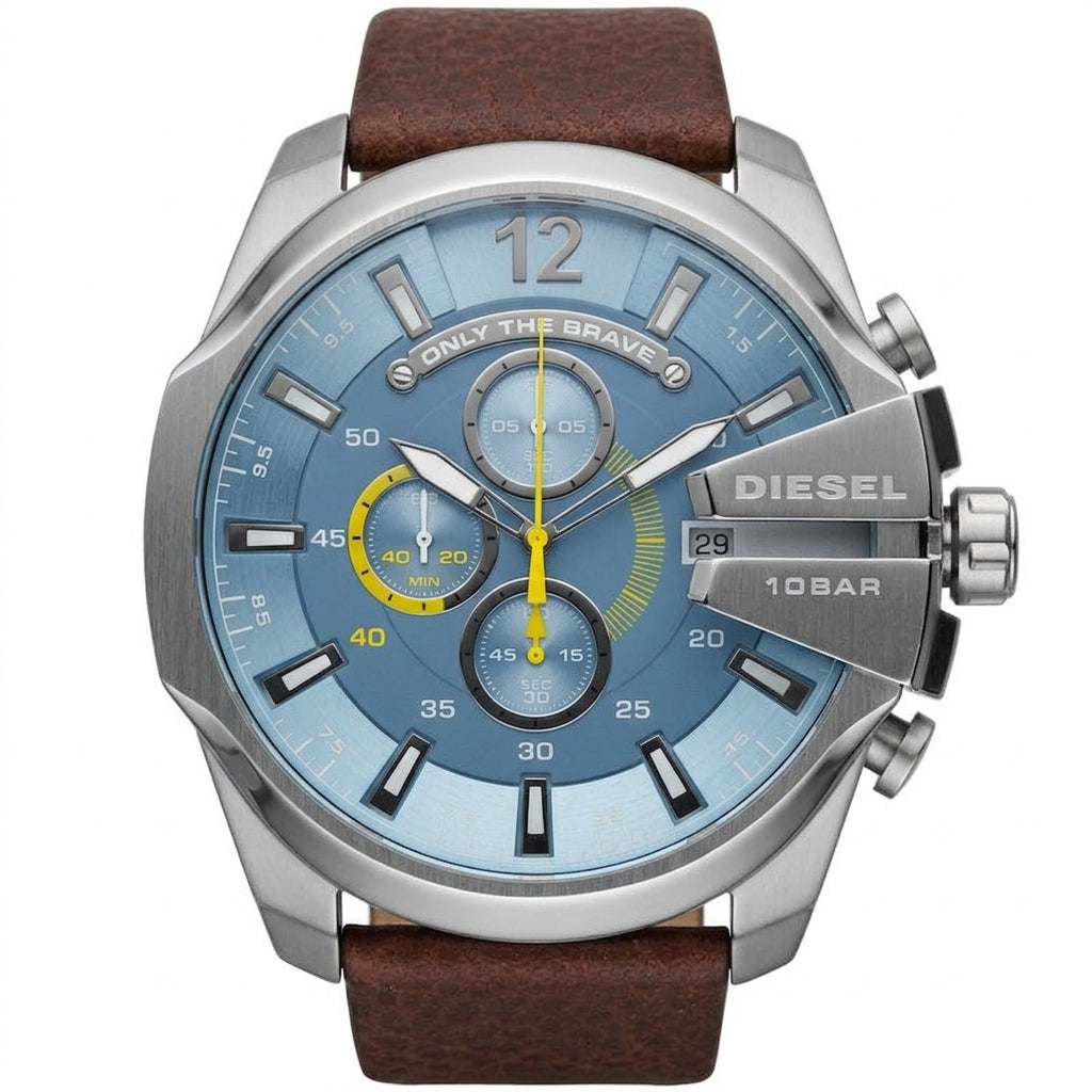 Diesel 10bar chronograph watch with a light blue dial, silver-tone case, and brown leather strap, shown on a white background.