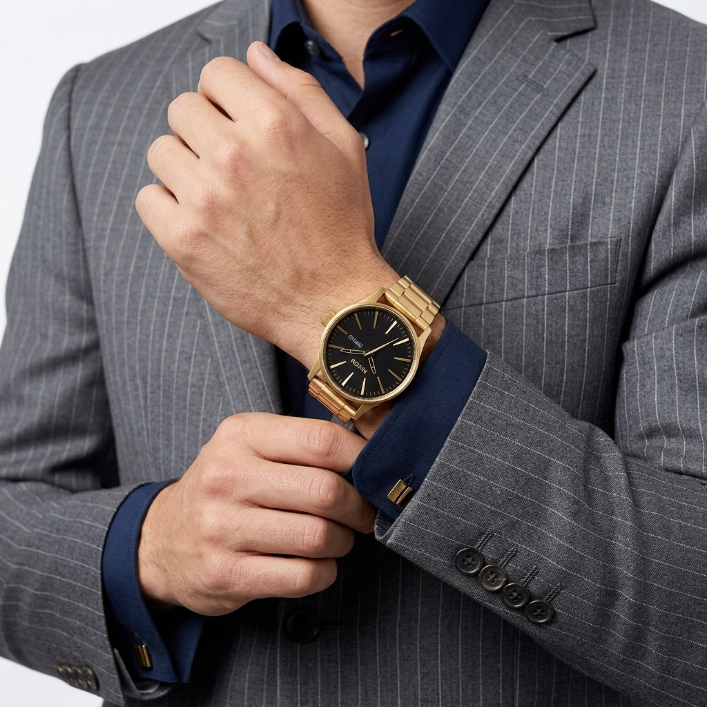 A man wearing a gray pinstripe suit jacket and navy blue dress shirt, adjusting his cuff while wearing a gold-tone wooden watch with a black dial on his wrist.