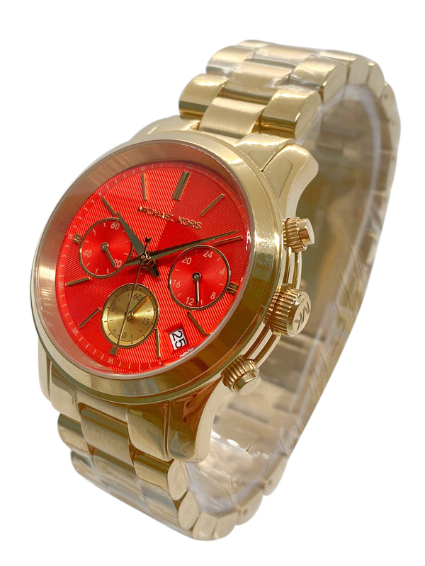 Michael Kors Runway Chronograph Orange Dial Gold Ladies Watch MK6162