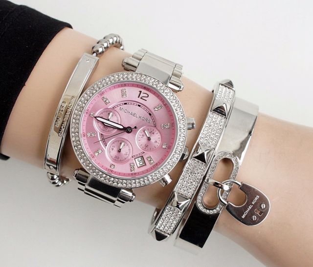 Michael Kors Parker Chronograph Pink Dial Silver Ladies Watch MK6105