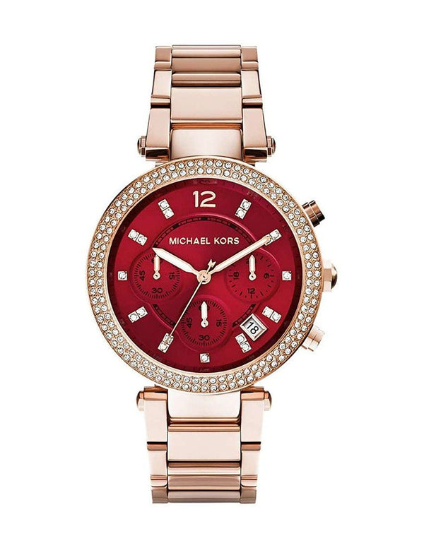 Michael Kors Parker Chronograph Red Dial Rose Gold Ladies Watch MK6106