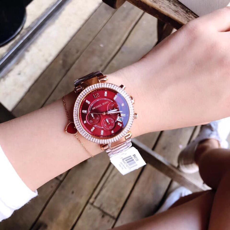 Michael Kors Parker Chronograph Red Dial Rose Gold Ladies Watch MK6106