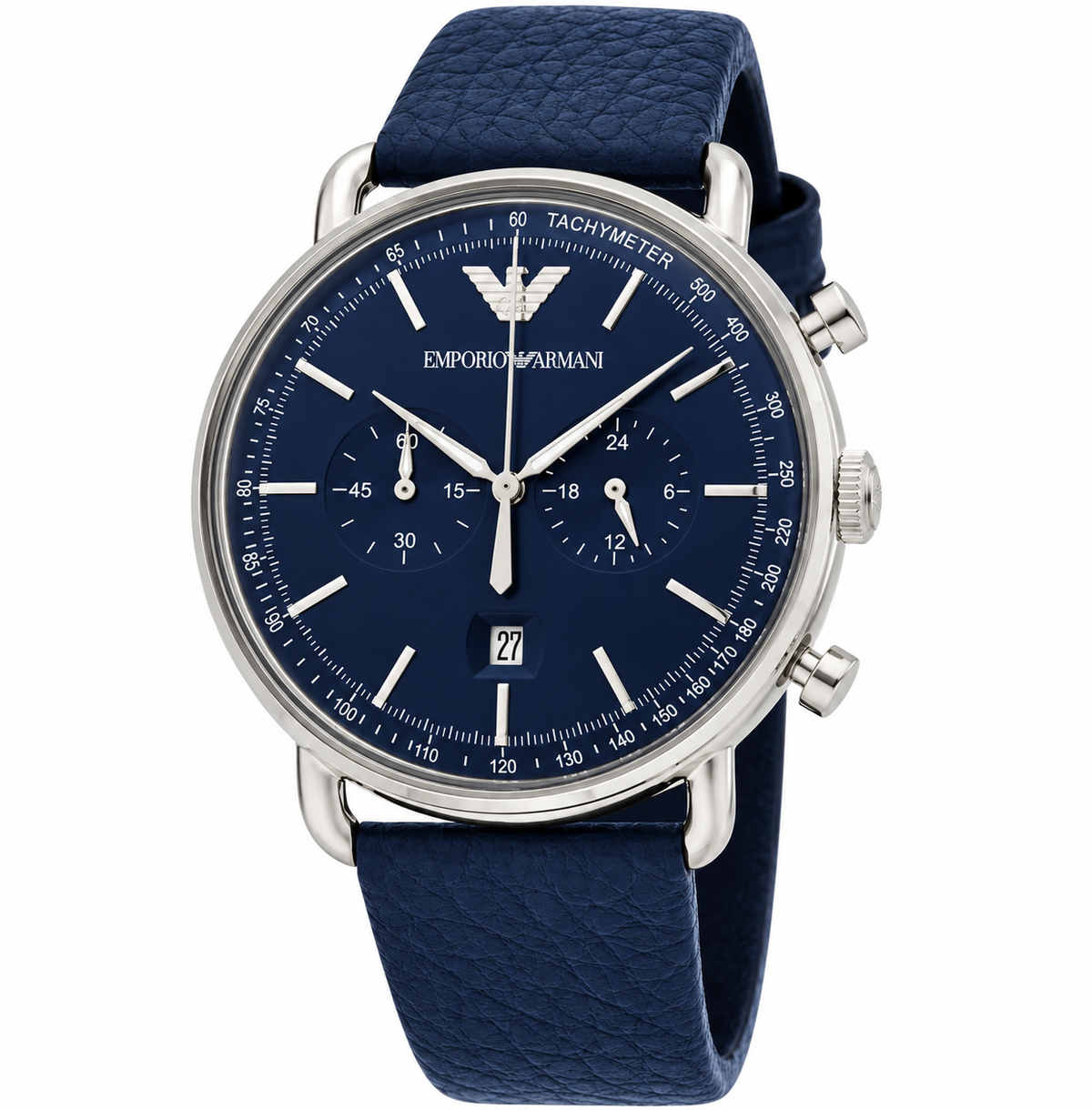 Emporio Armani Aviator Chronograph Blue Dial Navy Blue Genuine Leather Men's Watch - AR11105