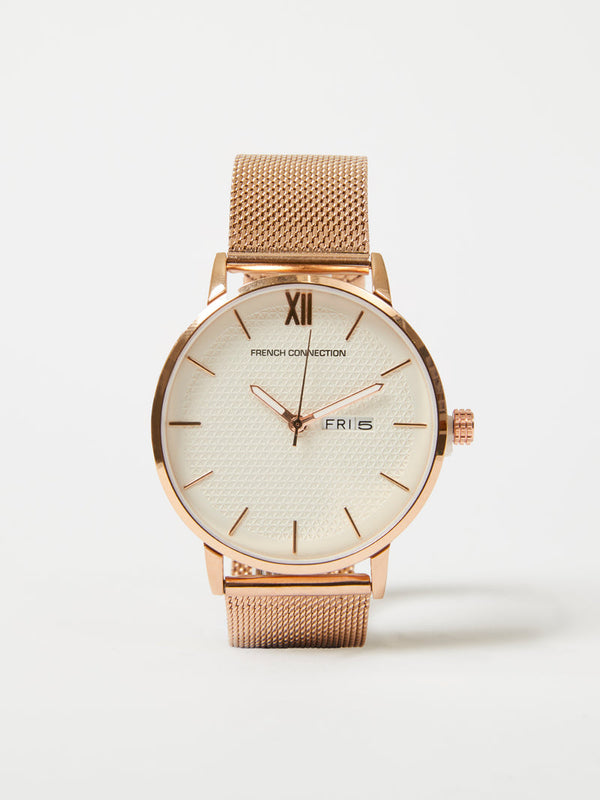 French Connection Rose Gold Tone Mesh Bracelet Women's Watch  SWVDE60 - Big Daddy Watches