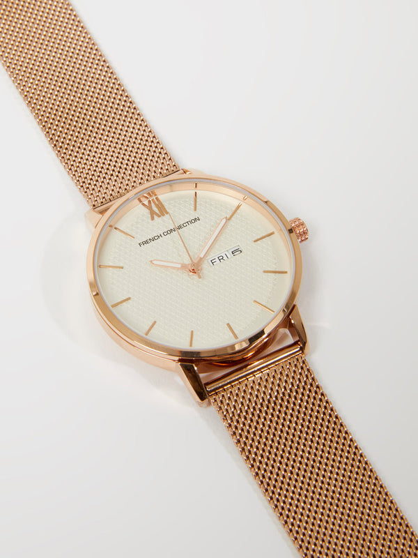 French Connection Rose Gold Tone Mesh Bracelet Women's Watch SWVDE60 - Big Daddy Watches #2