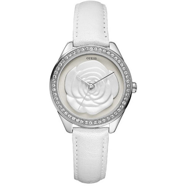 Guess Rosette White Dial Leather Strap Ladies Watch W75043L1