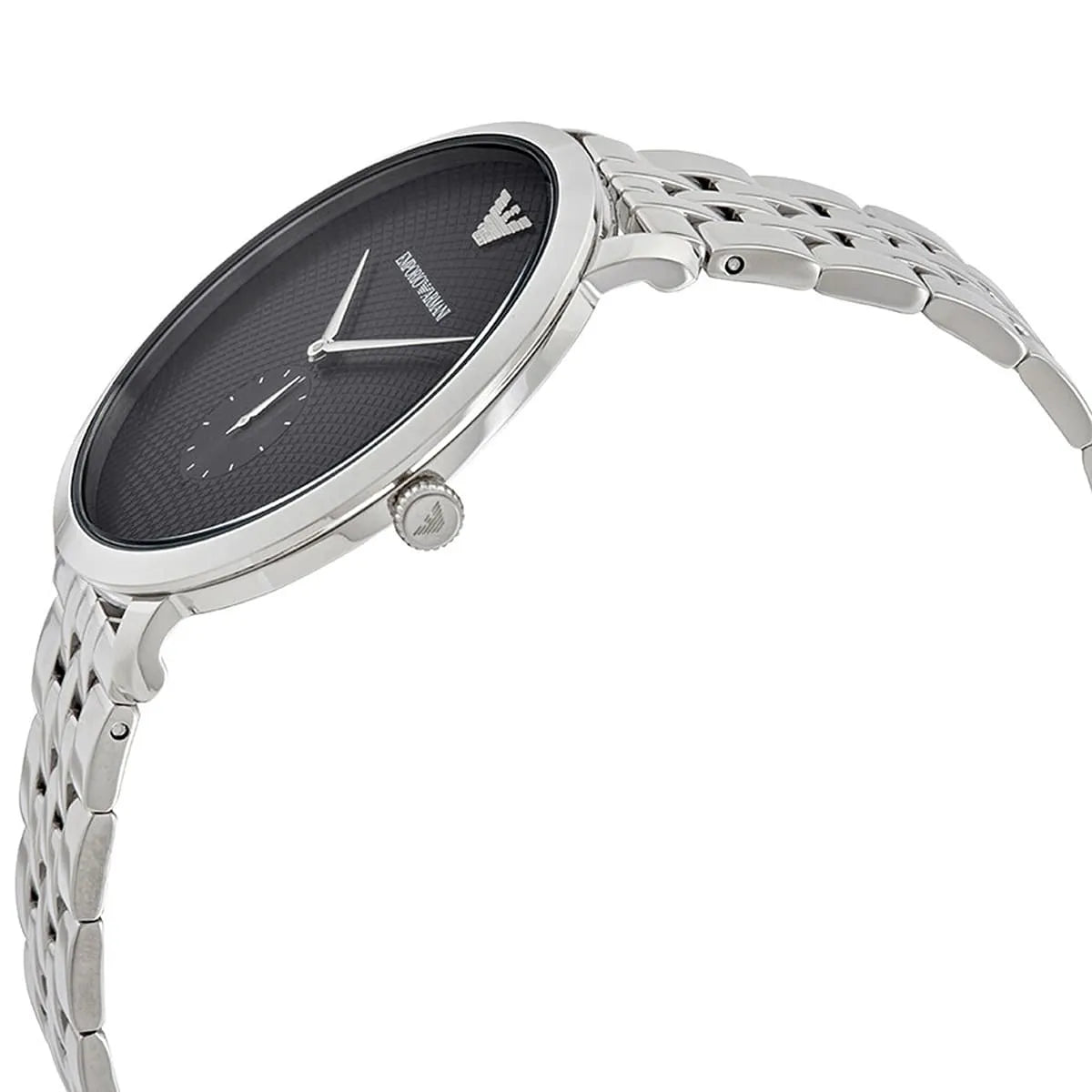 Emporio Armani AR11161 watch side view displaying thin case profile and silver bracelet