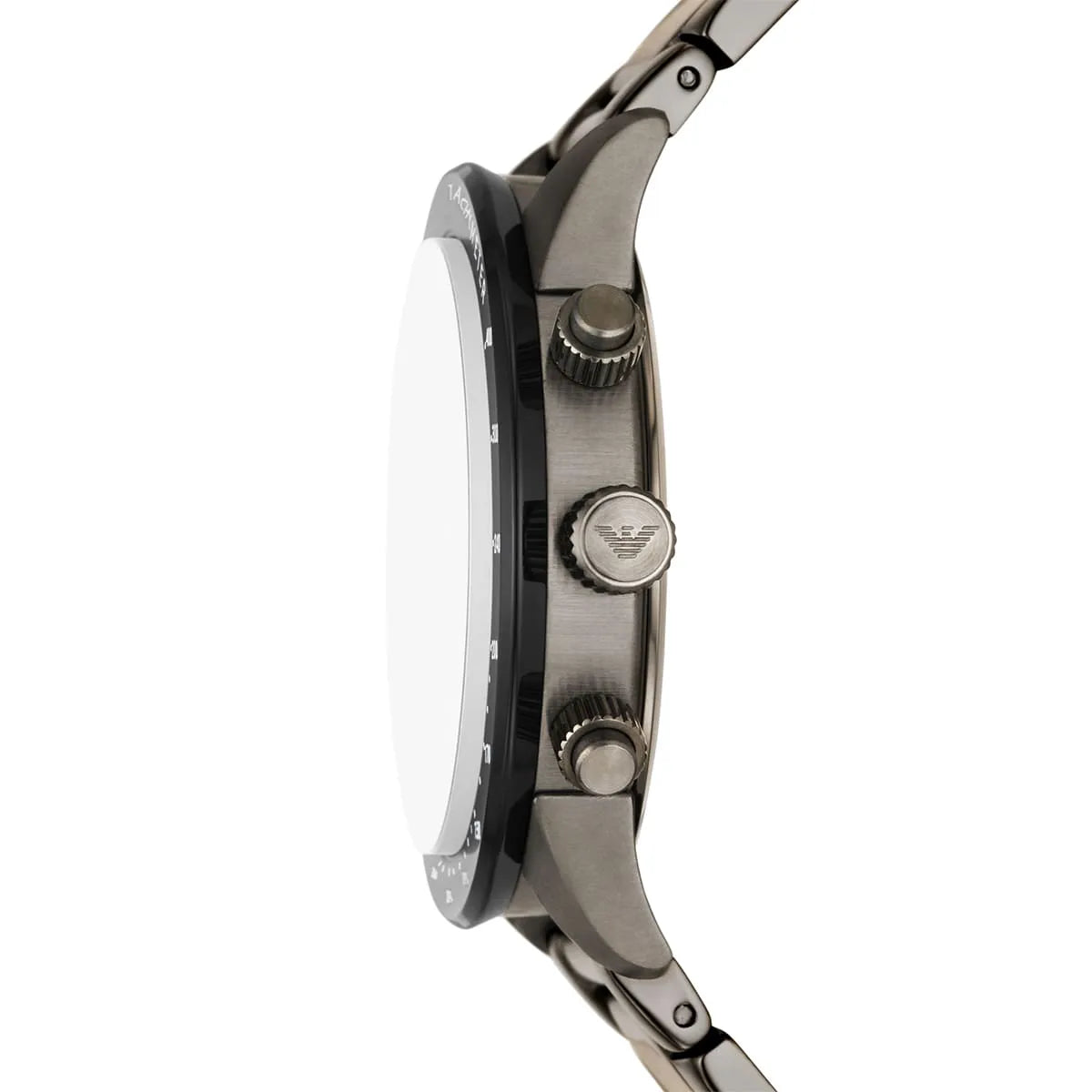 Side profile of Emporio Armani Mario chronograph showing case thickness and chronograph pushers