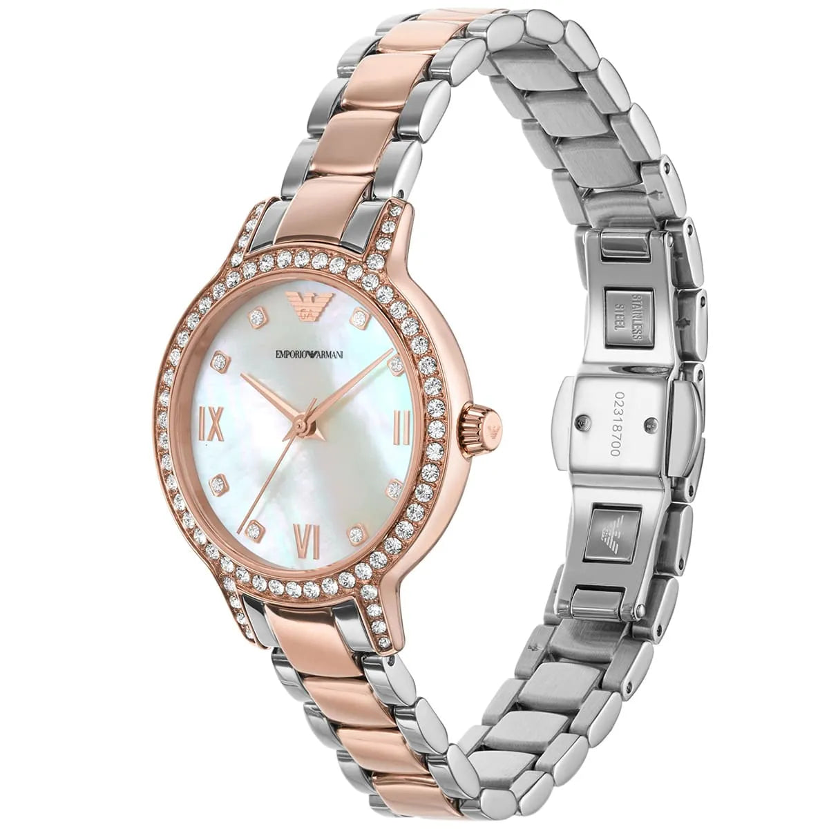 Emporio Armani Cleo watch side view showing two-tone silver and rose gold bracelet strap