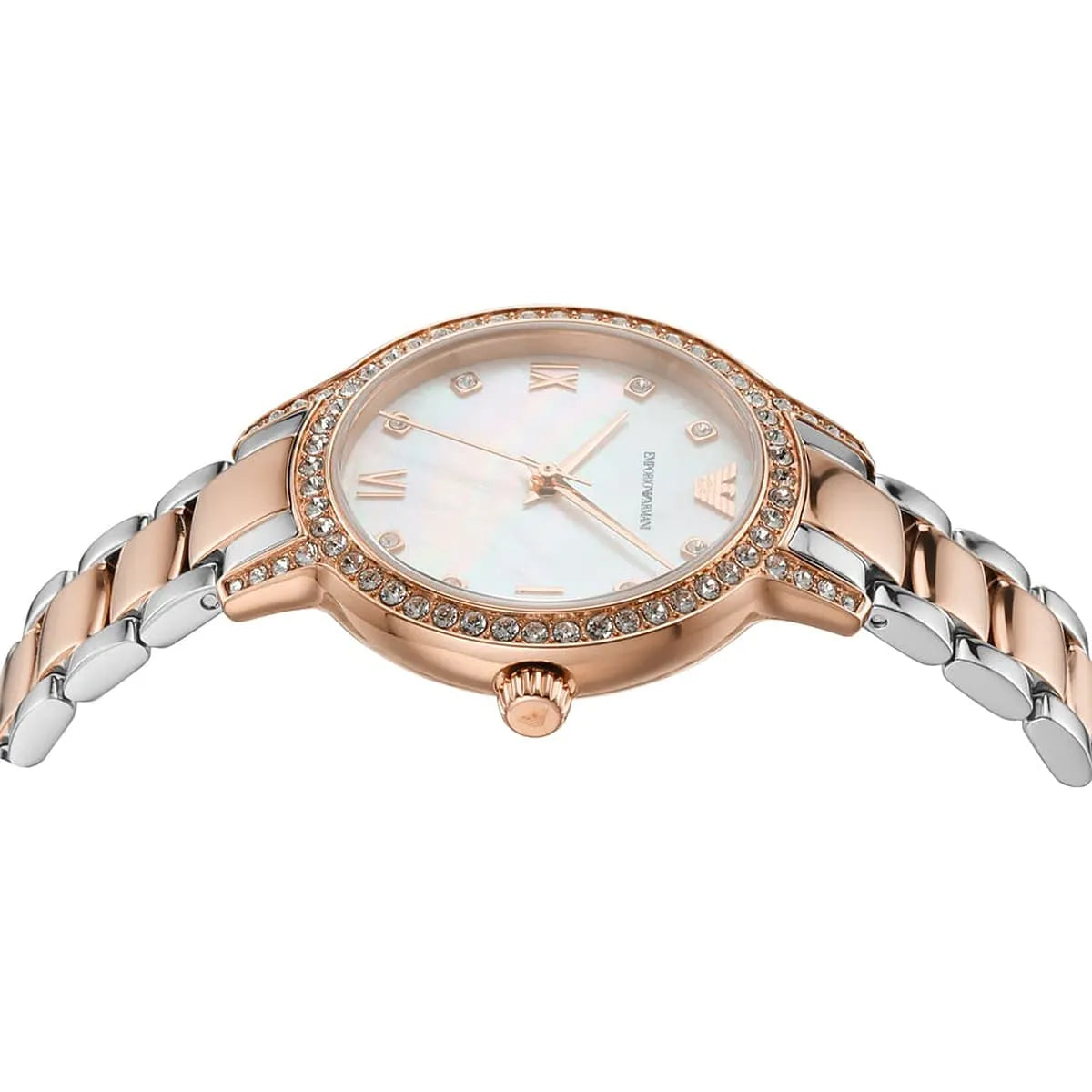 Emporio Armani Cleo dial detail with white mother-of-pearl, crystal markers, and rose gold hands