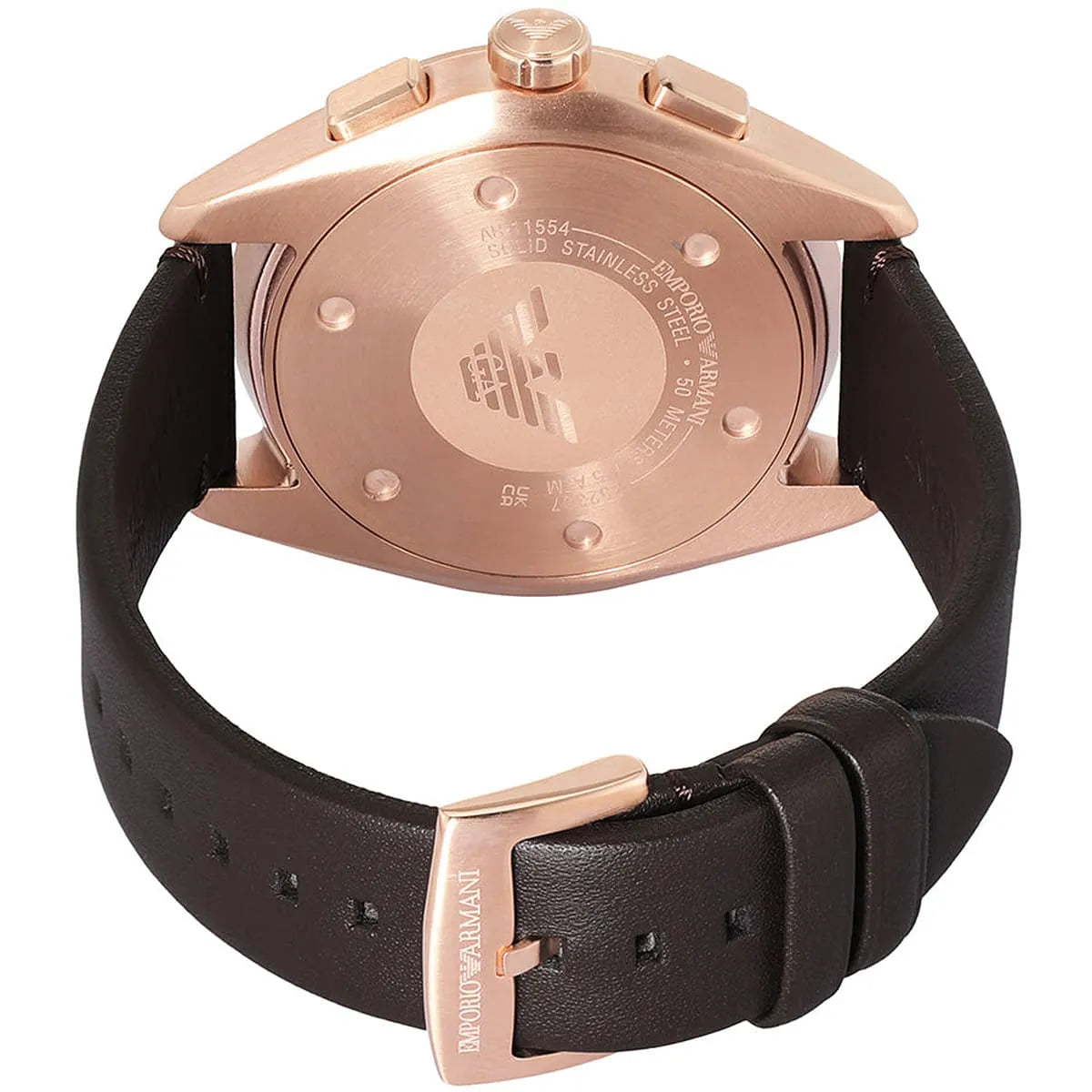 Rear view of Emporio Armani Claudio watch caseback with stainless steel engraving and dark brown leather