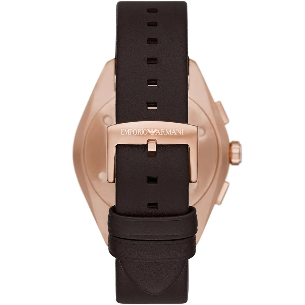 Caseback view of Emporio Armani Claudio watch showing stainless steel with eagle logo and dark brown strap