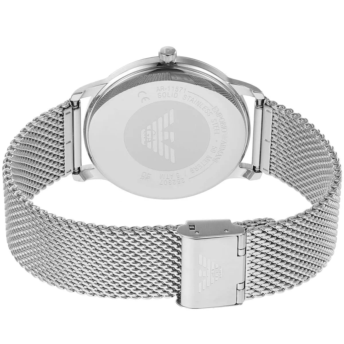 Emporio Armani AR11571 silver mesh bracelet with logo clasp detail