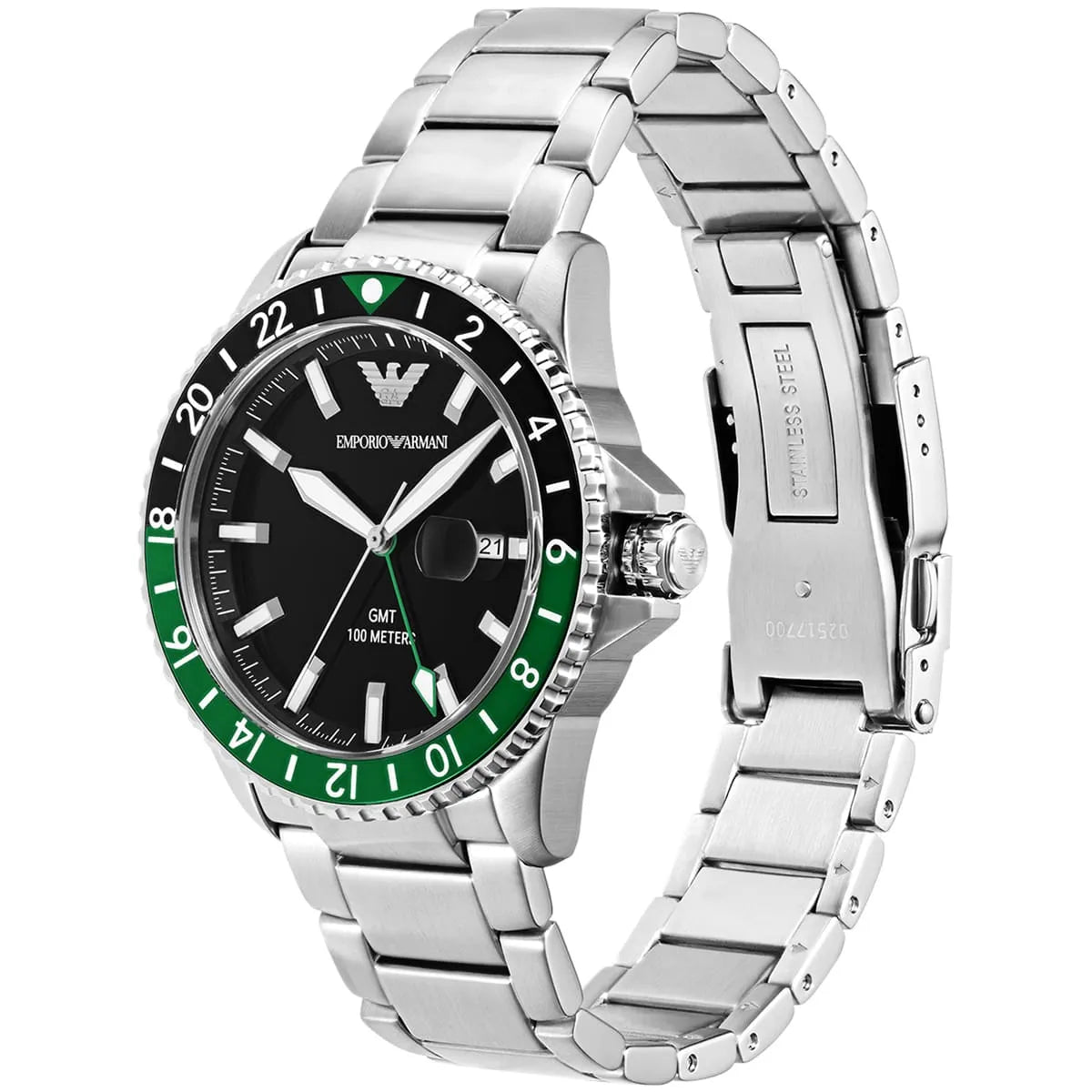 AR11589 side angle view showing silver stainless steel bracelet and case