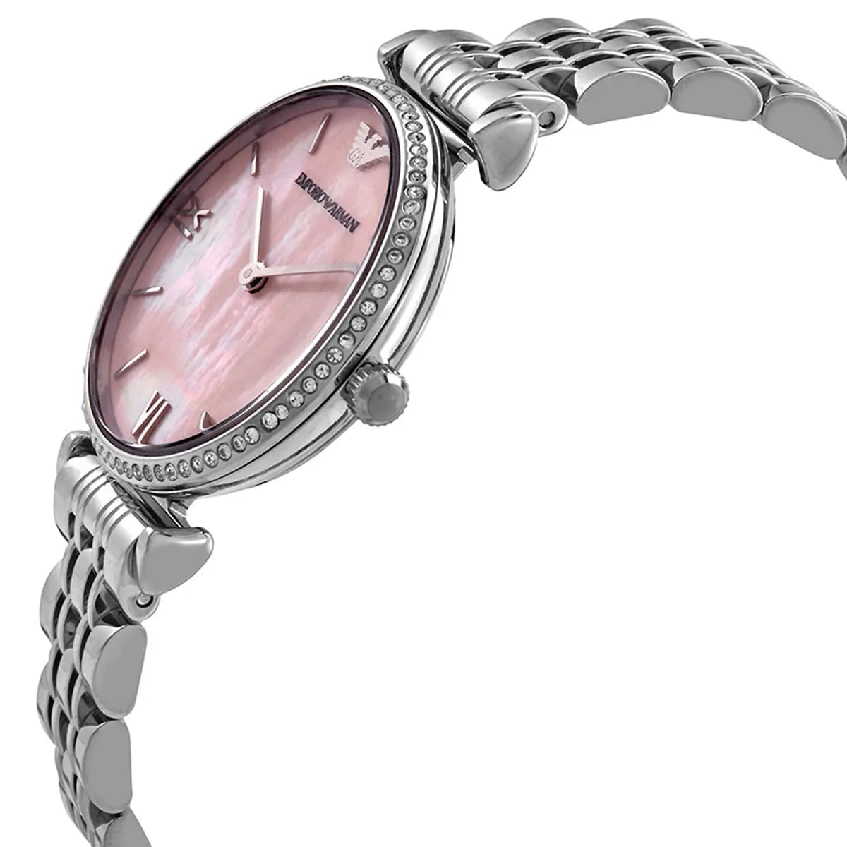 Side angle view of Emporio Armani Gianni T-Bar watch showing crystal-set bezel and pink dial
