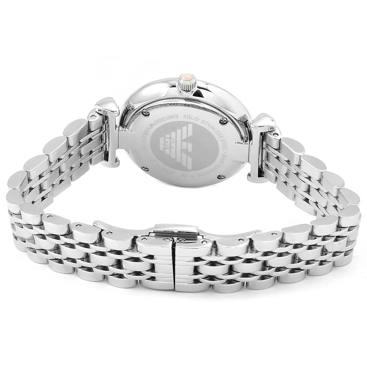 Caseback view of Emporio Armani Gianni T-Bar watch with engraved eagle logo and metal strap