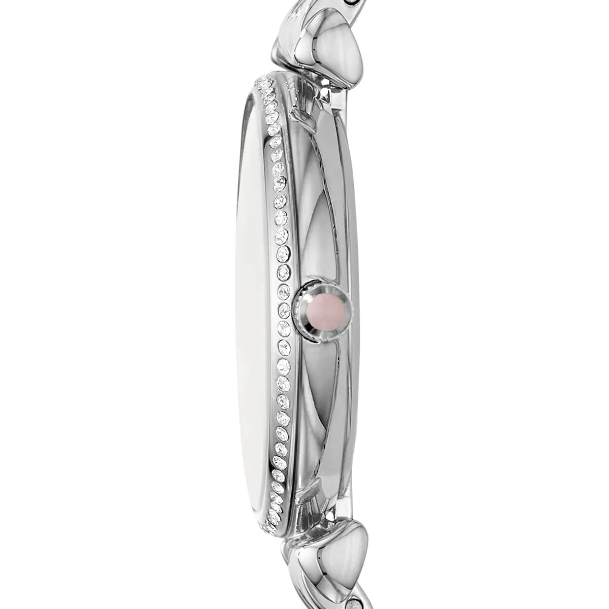 Side profile of Emporio Armani Gianni T-Bar watch with crystal-adorned bezel and silver strap