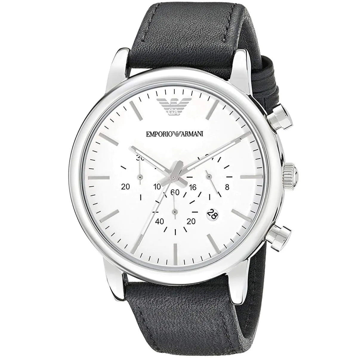 Emporio Armani AR1807 watch angled view showing white chronograph dial and black leather band