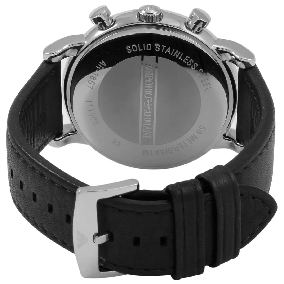 Emporio Armani AR1807 watch back view displaying case engraving and leather strap detail