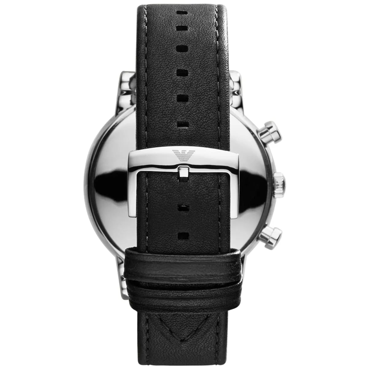 Emporio Armani AR1807 watch case back showing solid stainless steel and black leather strap