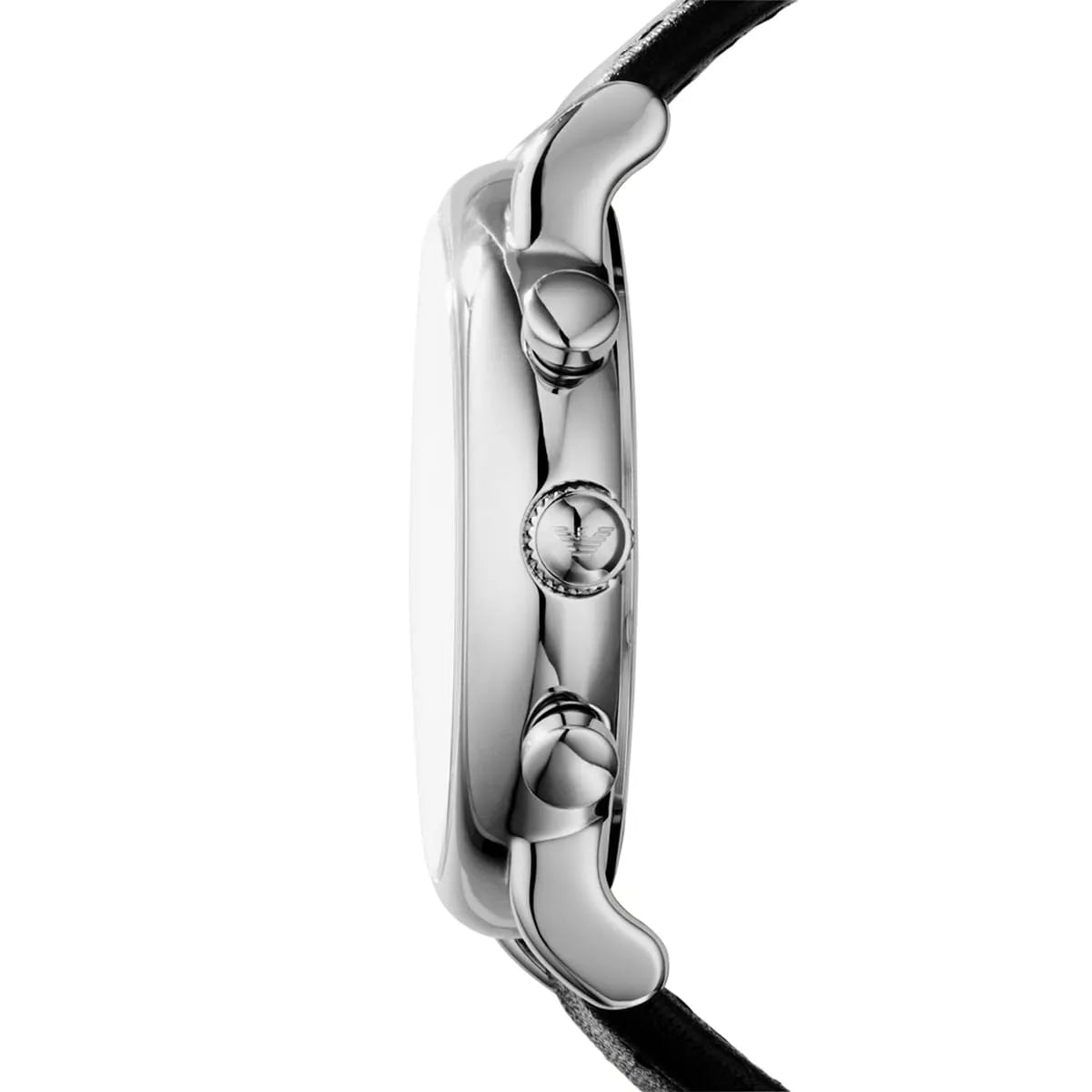Emporio Armani AR1807 watch profile showing chronograph pushers and stainless steel case thickness