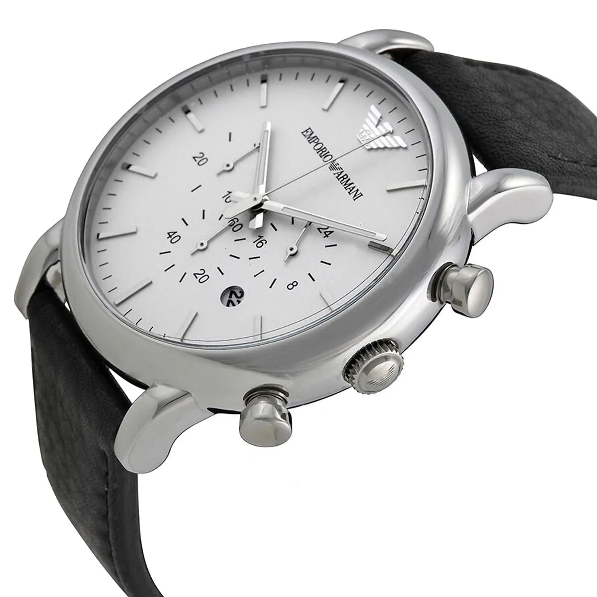Emporio Armani AR1807 chronograph watch side view with white dial and chronograph pushers visible