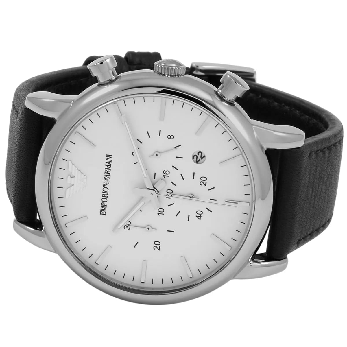 Emporio Armani AR1807 chronograph watch worn on wrist showing white dial and black leather band