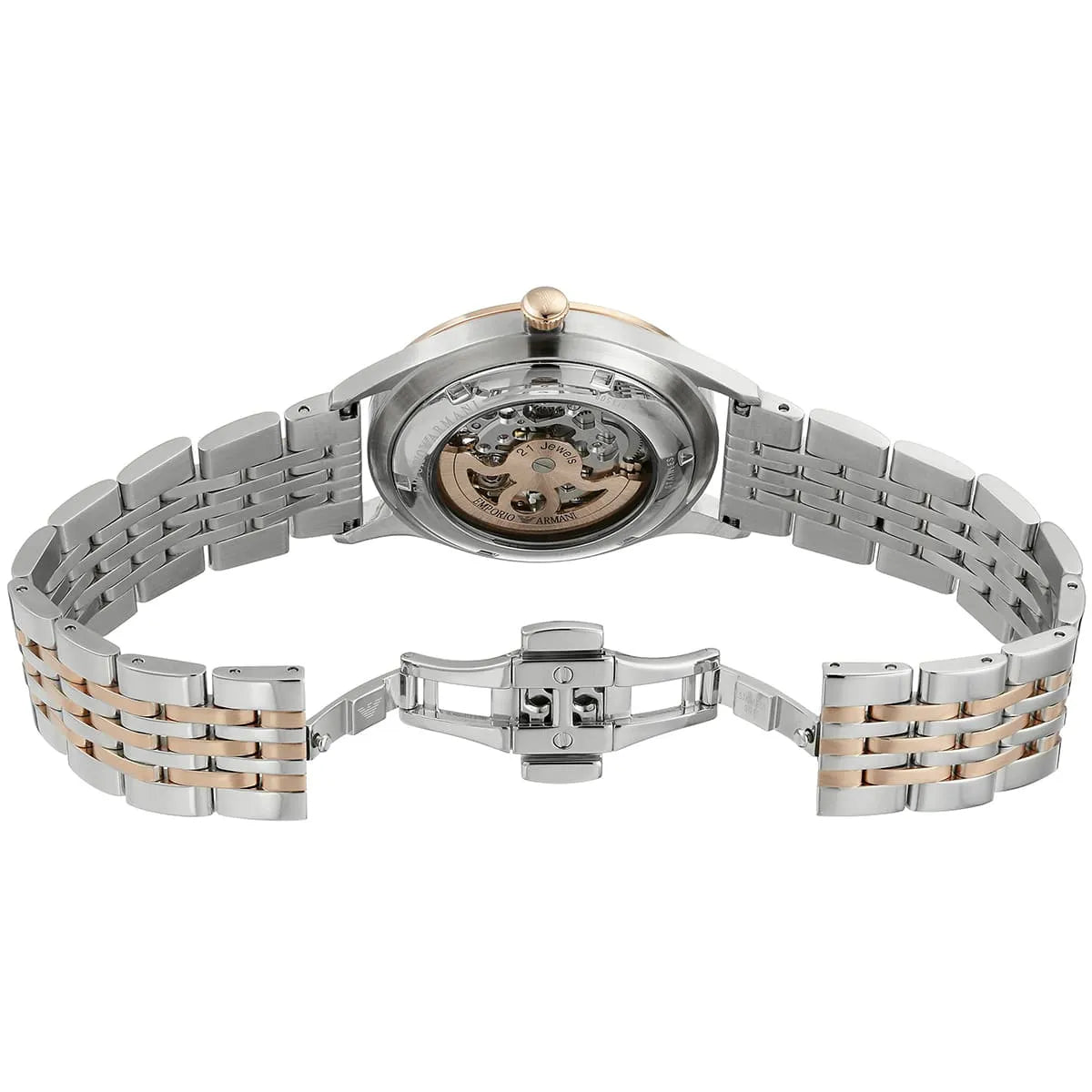Emporio Armani Meccanico AR1921 caseback showing mechanical movement and crystal